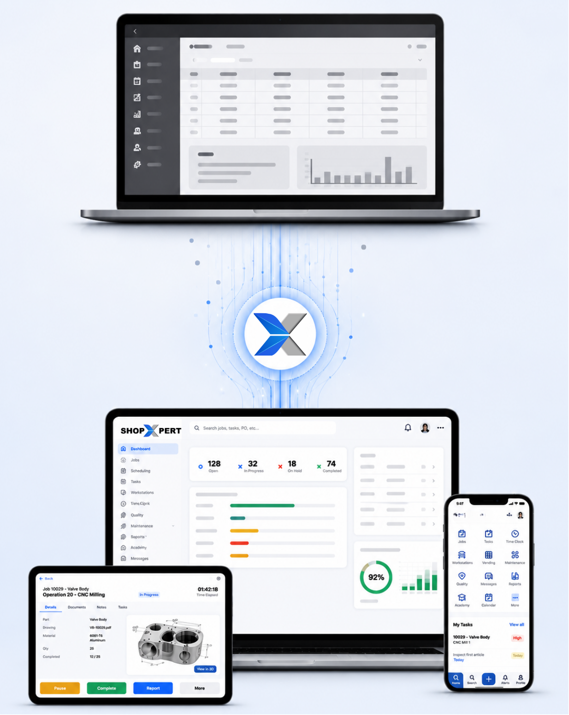 Illustration showing data migration from a legacy manufacturing system to the ShopXpert ERP platform across desktop, tablet, and mobile devices.