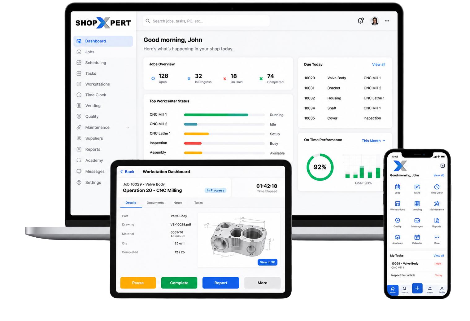 ShopXpert manufacturing ERP software displayed on laptop, tablet, and mobile devices for shop floor production management.